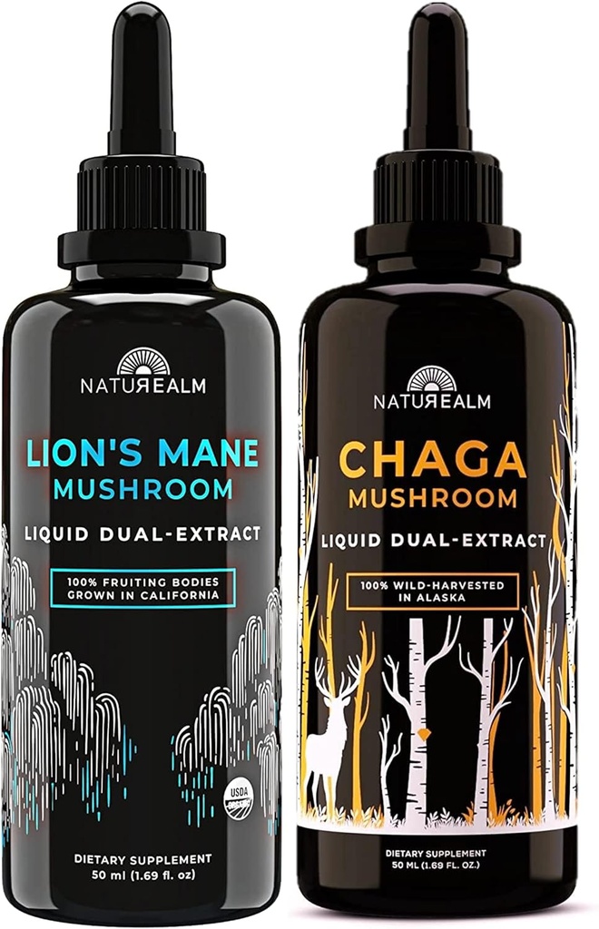 Natalm Lion's Mane & Chaga蘑菇提取器 - Adaptogen stack for Focus, 豁免, 长寿, 缓解压力, Gut Health, Anti-Aging, Energy & More - 有机液滴 - 50 mL Each (2 Pack)