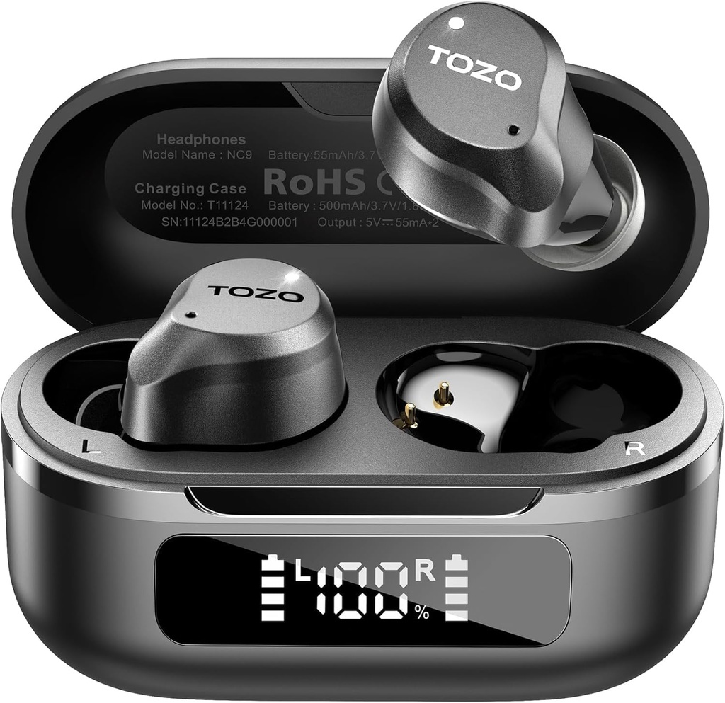 TOZO NC9 混合主动噪声 取消无线耳机, 6 Mics ENC Clear Call, IPX8 防水, in Ear Bluetooth 5.3 耳机立体声 通过 APP 显示 32 个 EQ 播放时间