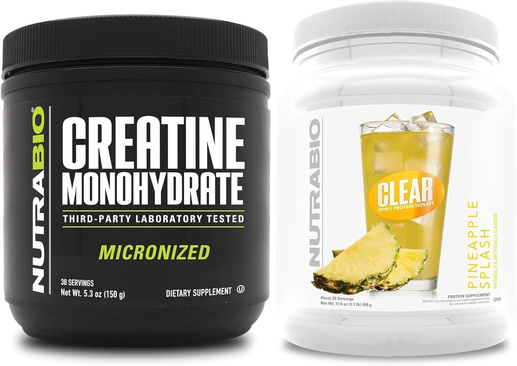 NutraBio Creatine 单水合物,无氟酸盐,(150克)和Clear Whey 蛋白质溶液,(菠萝喷洒) 补充包-肌肉能源,最大增殖,恢复和强度