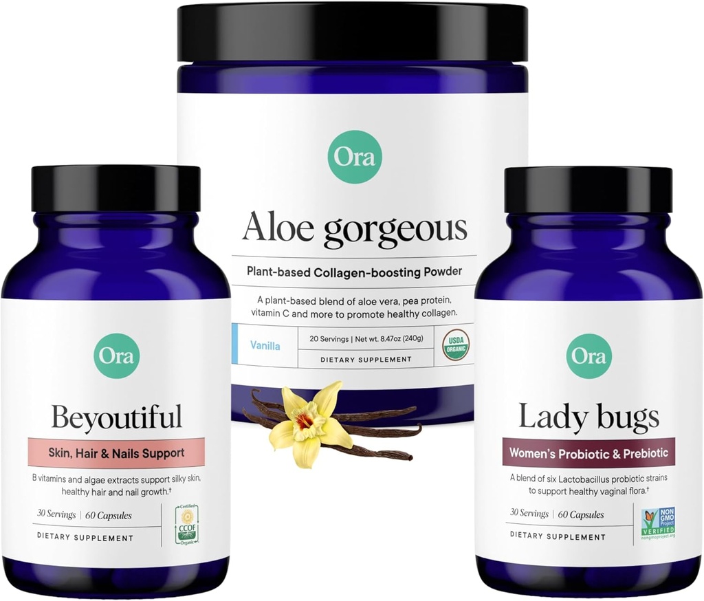 Ora 有机维冈科拉根, Probiotics, Prebiotics & BeYouTiful Bundle: Aloe Vera - Vanilla Flavor, 20 services + 60 Vegan Probiotic Capsules + hair, Skin, & Nails Supports, 60 Vegan Capsules (英语: