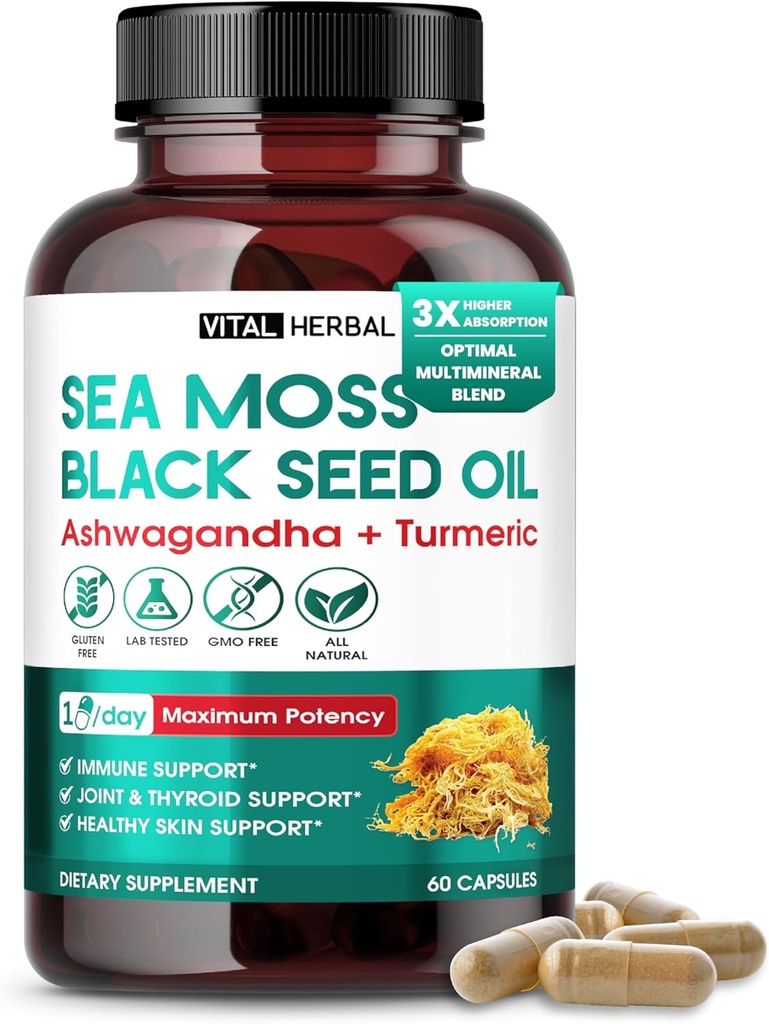 Sea Moss with Black Seed Oil, Ashwagandha, Turmeric & Moringa – Immune, 联合和皮肤支持补编 – 60 Capsules – Virtual Herbal – Lab - Tested, 非GMO, Made in United States (美国).