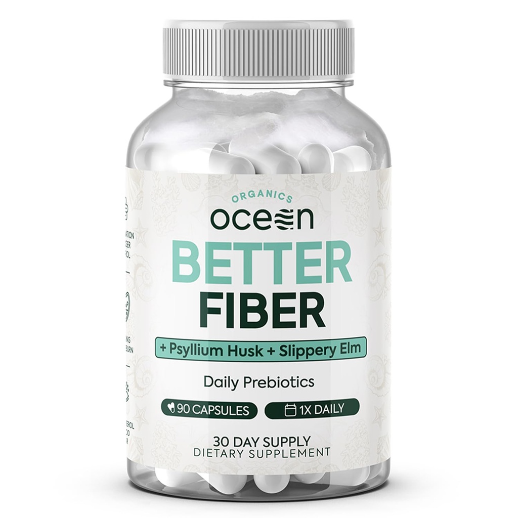 有机物 Ocean Better Fiber - Daily Fiber 补充剂 - 无力鲍尔运动的软凳 - 配有Psyllium Hulk和Slippery Elm - 90 Capsules