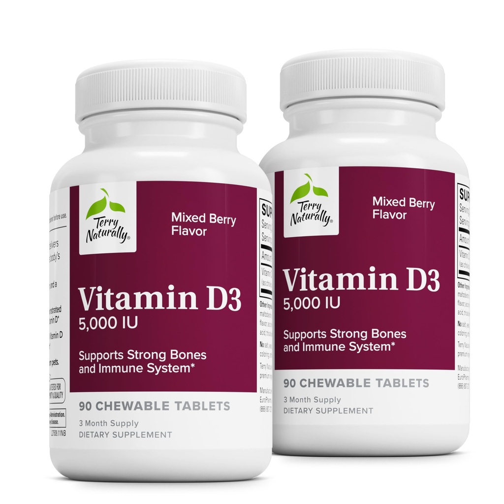 Terry自然维生素D3 - 骨质健康与骨质力量支持补充剂 - Immune System & Brain Support - 5,000 IU 维生素D 配有混合Berry Flavor的药片 - 90 Chewable 药片(包2)