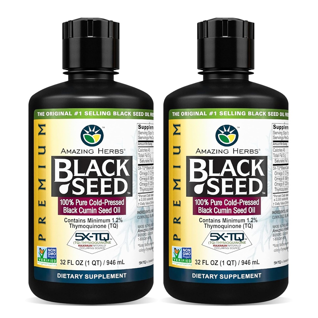 惊人的草药 黑种子油 - 冷压 Nigella Sativa Aids 在消化健康,免疫支持,脑功能,联合流动,Gluten Free, Non GMO - 32 Fl Oz (Pack of 2).