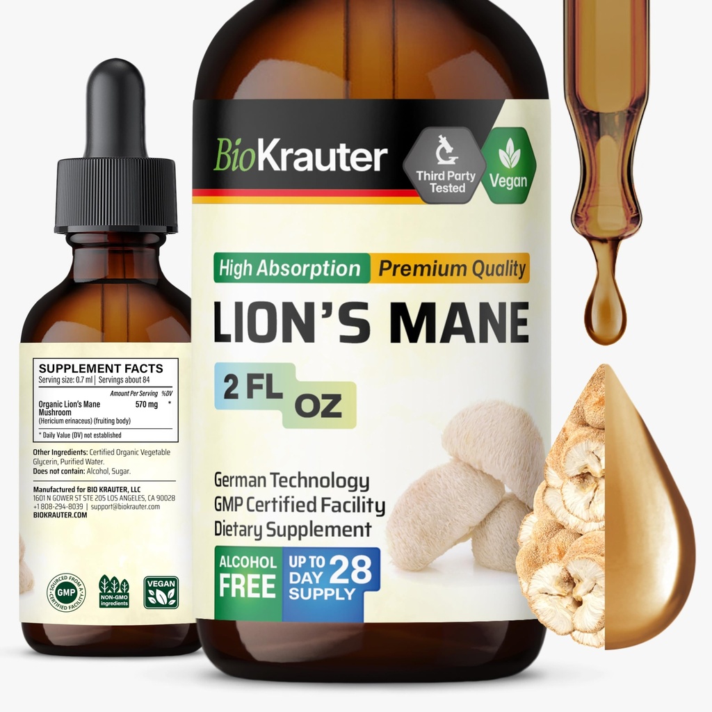 BIO KRAUTER 狮子马内液体提取 - 用于大脑支持的蘑菇补充 - 维根狮子马内补充 - 酒精和糖自由滴 - 2 Fl.Oz.