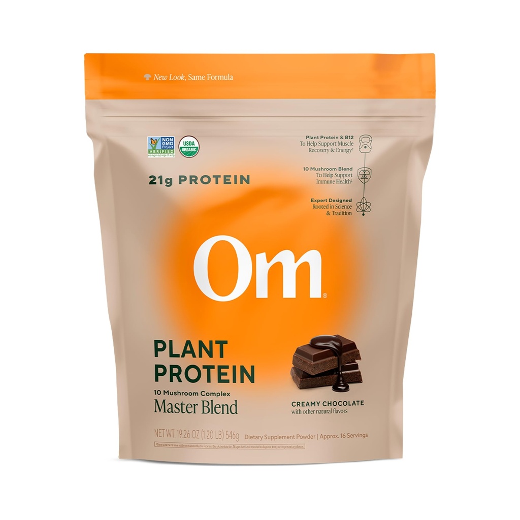 OM MUSHROOM SUPERFOOD 大师 Blend Vegan蛋白 – 有机巧克力植物蛋白 配有10个蘑菇, Ashwagandha, BCAAs & B12 – 能源,恢复和免疫支持 – 1.2 lb (16位服务员)