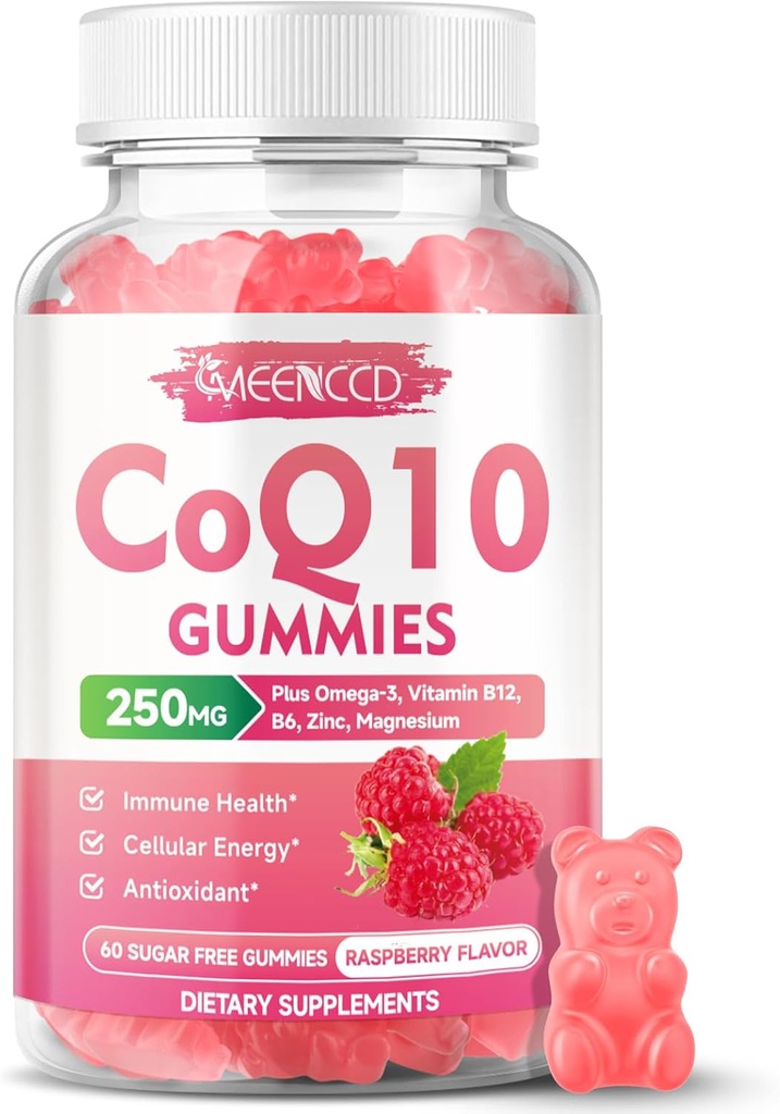 无糖CoQ10 Gummys 250mg, Coenzyme Q10 补充物 Plus Omega-3,维生素B6 & Zinc,高吸收CoQ10 细胞能和抗氧化剂支持补充物 Raspberry Flavor, Vegan 60Cts