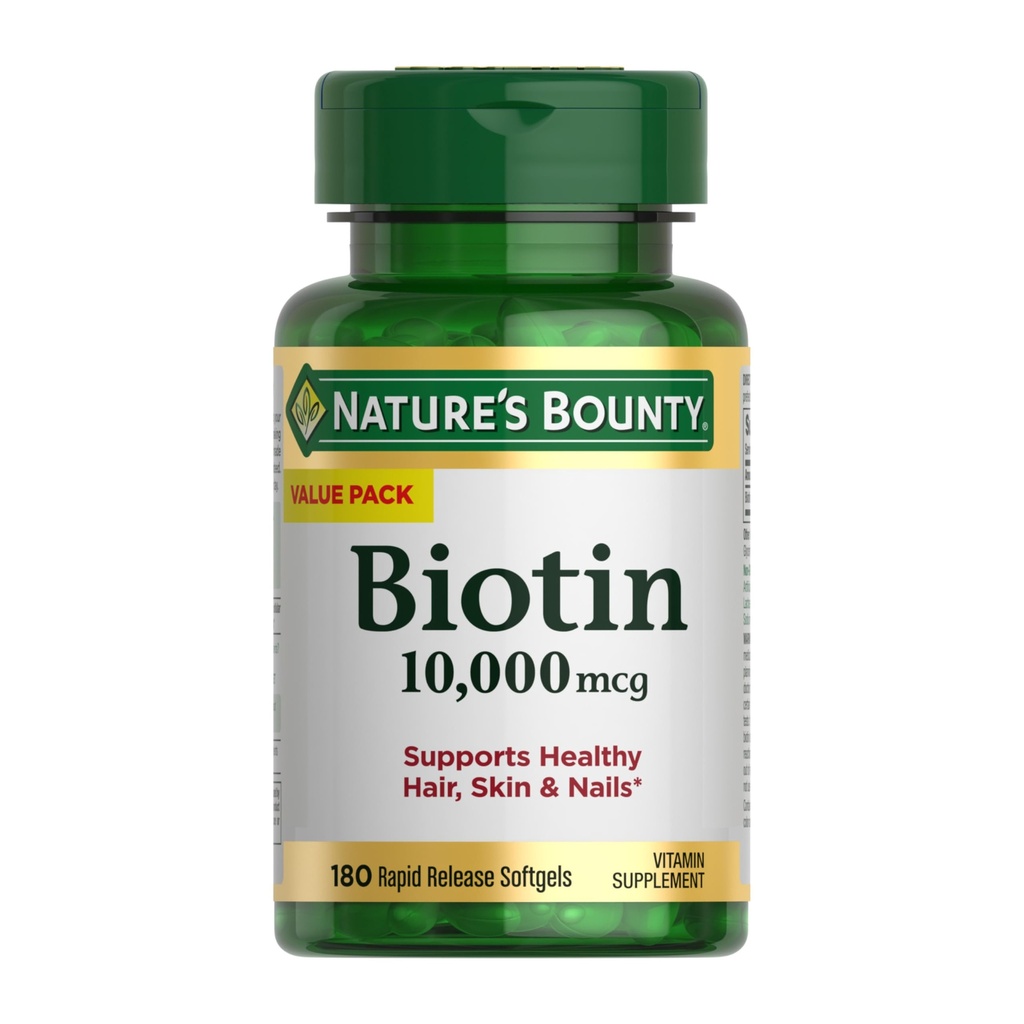Nature's Bounty Biotin Hair Skin and Nails Vitamins, Supports Healthy Hair, Skin and Nails, 10,000 mcg, Rapid Release Softgels, 180 Ct