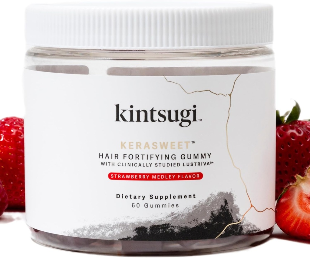 Kintsugi KeraSweet Hair Fortifying Gummy- Help Combat Signs of Aging Hair, Supplement for Strong, Voluminous Strands- Supports Healthy, Fuller Looking Hair w/ B12, Saw Palmetto, ACV (Strawberry, 60ct)