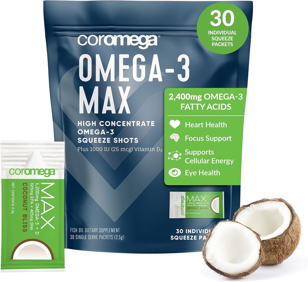 Coromega MAX 2400mg Omega-3 鱼油 + 维生素D 挤压包,野味,无鱼味 - 3X 比软胶更好吸收,支持脑和心脏健康(30种服务,椰子泡)
