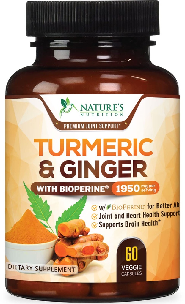 Turmeric Curcumin Supplement 1950mg - 95% Curcuminoids with Organic Turmeric & Ginger, BioPerine Black Pepper for Best Acception, Nature's Vegan Joint Support, N-GMO, Bottled in USA - 60 Capsules (英语).