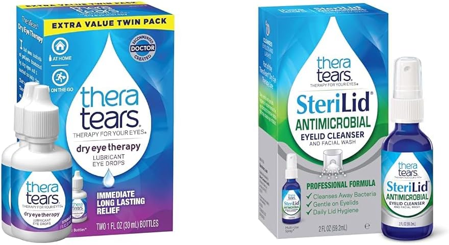 TheraTears 干眼治疗 润滑眼滴液用于干眼, 1 fl oz 瓶双倍包装 & SteriLid 眼皮清洁器和面部洗涤器, 为刺激眼, 2 fl oz 喷洒器