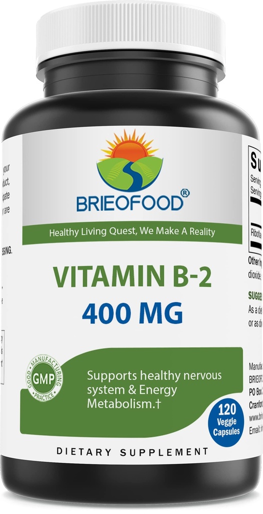 Brieofood食用维生素B2(Riboflavin)400mg,120 Veggie Capsules - Gluten Free,非GMO