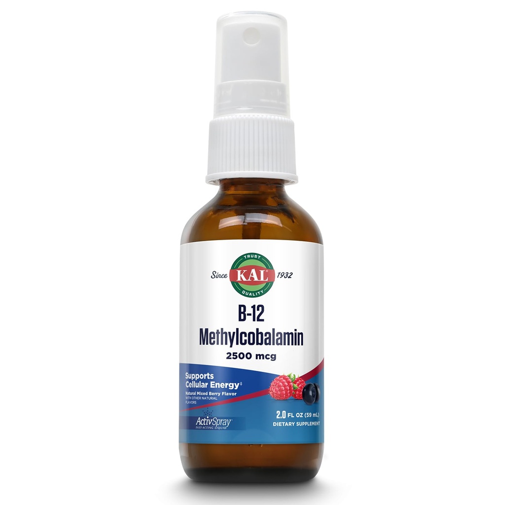 KAL 维生素 B12 甲基Cobalamin ActivSpray 2500mcg, 健康能源,代谢, Nerve 和红血球支持,* 快动作液体 B12, 最大吸收, 天然莓火花, 80种服务, 2 fl oz