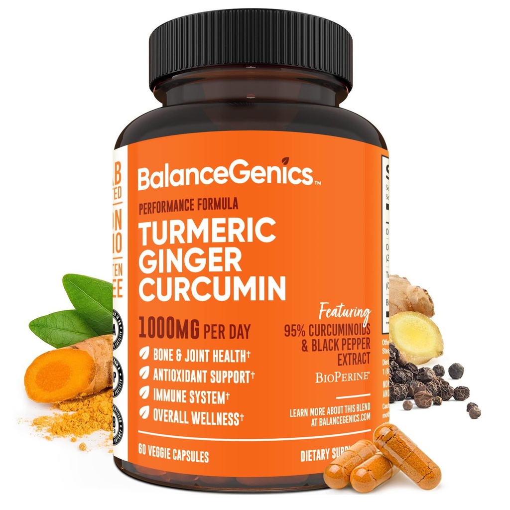 Turmeric Curcumin 配黑辣椒和姜根1000mg 优化公式 95% Curcuminoids Curcuma + 联合健康与炎症支持 → 60 Capsules Power 填充