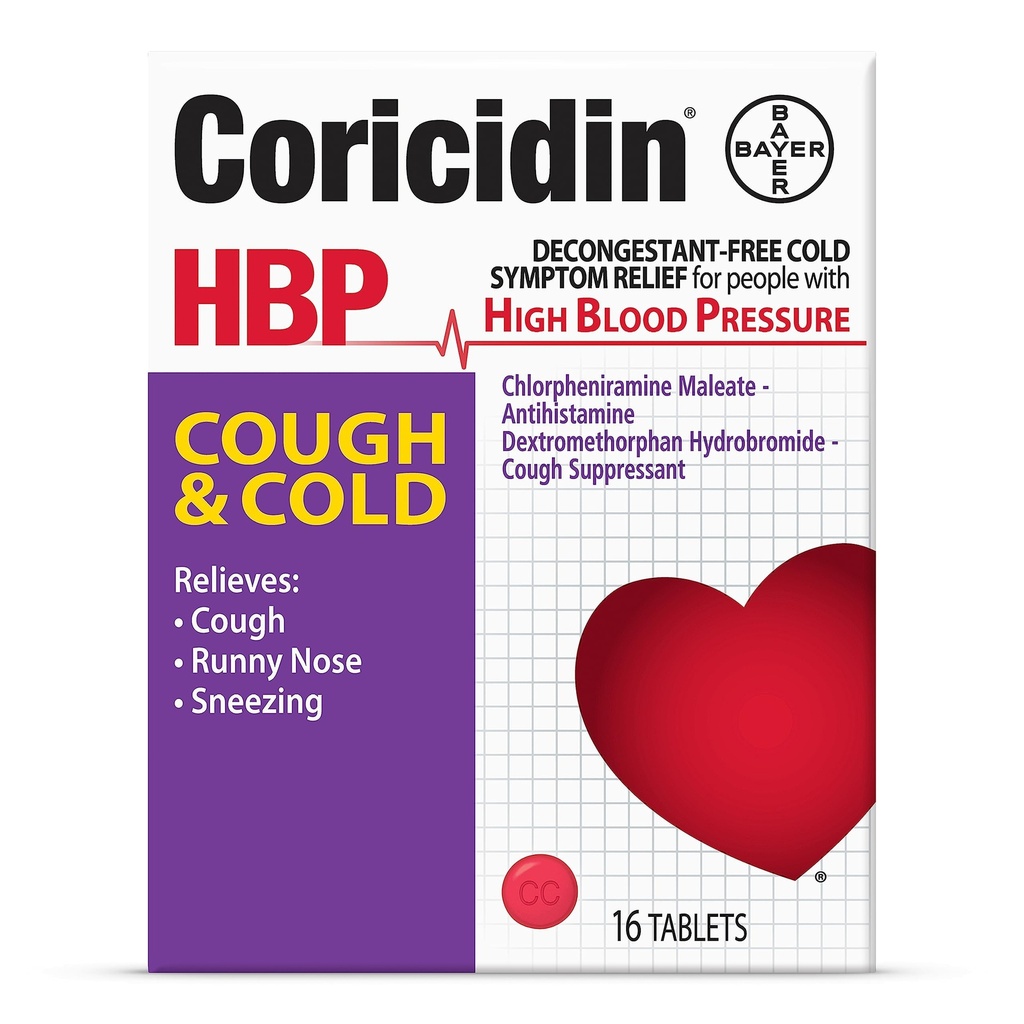 Coricidin HBP Decongestant-Free Cough and Cold Medicine - 为高血压、咳嗽、Runny Nose、喷嚏和冷症状(16个计数)特别设计的缓解措施