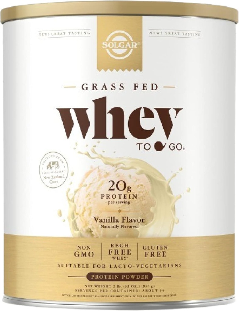 Solgar Grass Fed Whey to Go, Vanilla - 2 lb - Grass-Fed Whey 蛋白粉 - rBGH 自由,非GMO,Gluten 自由 - 36 服务