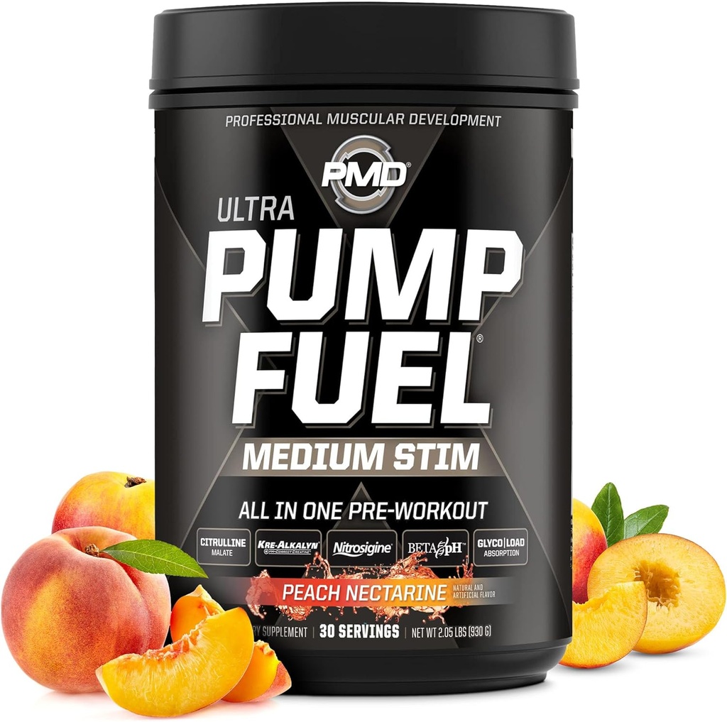 PMD 运动泵燃料 Ultra 中性兴奋剂 - Premium Prewout Powder & Muscle Pump, 更聚焦,耐力和复苏,Premium Creatine, Arginine & Beta Alanine - 桃核(30架)