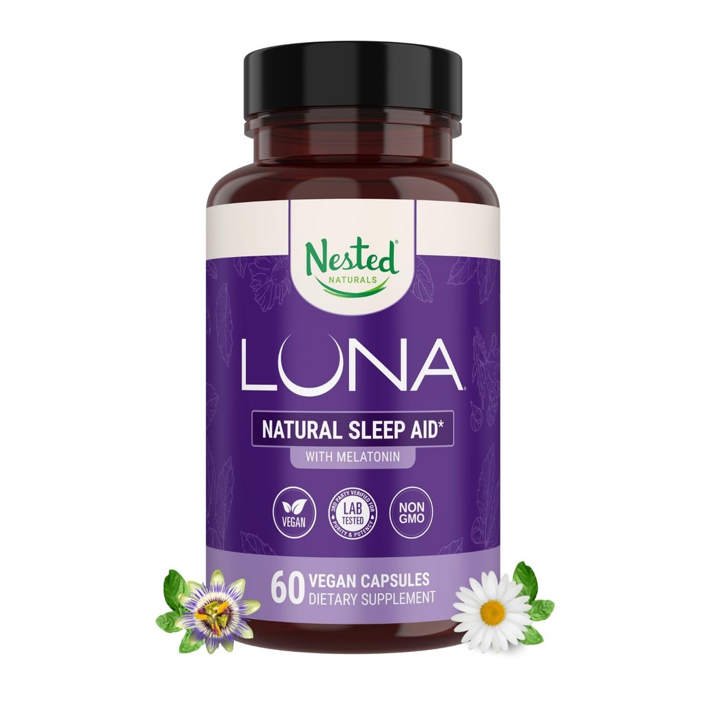 Nested Naturals Luna睡眠援助 -- -- 为有自然来源的成份的成年人提供非哈比人天然睡眠药丸 -- -- Valerian Root、Melatonin、Chamomile、Lemon Balm和更多 -- -- 60 Vegan Capsules