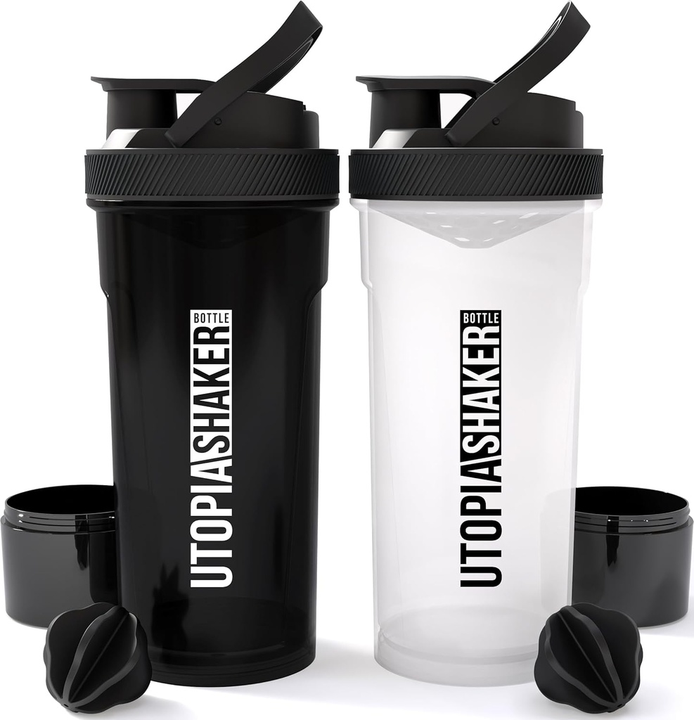 Utopia Home Shaker Bottle 2 Pack - 24 Ounce 塑料蛋白或Cocktail Shaker Bottle 用于前期和后期工作,配有Twist & Lock Protein 盒存储器(全黑和清/黑)