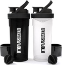 Utopia Home Shaker Bottle 2 Pack - 24 Ounce 塑料蛋白或Cocktail Shaker Bottle 用于前期和后期工作,配有Twist & Lock Protein 盒存储器(全黑和清/黑)