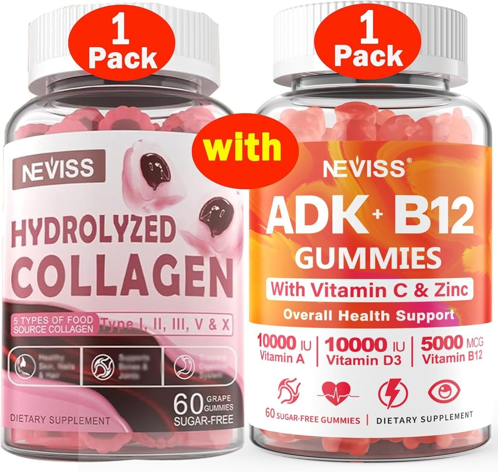 NEVISS 1 Pack 水解凝胶胶 + 1Pack 维生素 ADK 与 B12 Gummys