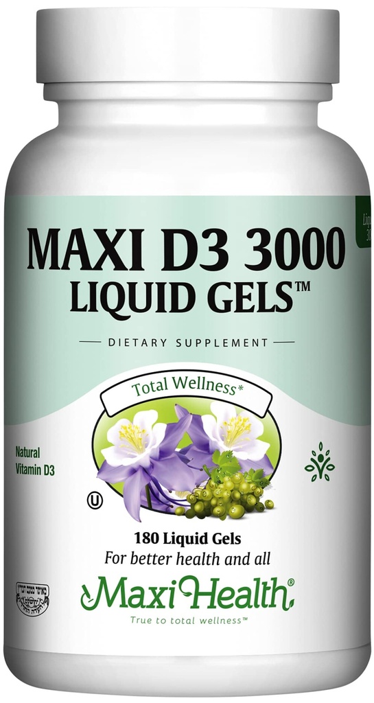 Maxi健康 维生素 D3 3000 IU 75 mcg 维生素 D 健康骨骼,牙齿,免疫支持补充剂 - VIT D3 简单吞咽非GMO, 男女补充剂 - Kosher 180 Gels
