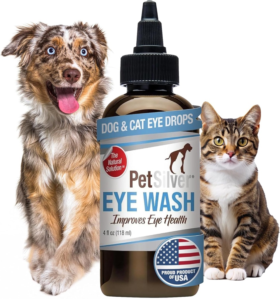 PetSilver Eye Drops for Dogs and Cats - 天然狗眼洗 - 炎症和炎症的救济 - 宠物眼清洁剂和泪水清除剂 - 专利银色公式 - 在美国制造 - 4 floz