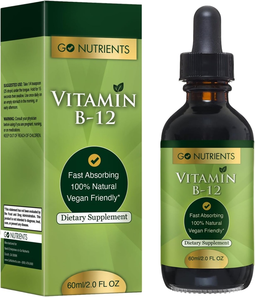 Go Nutrients Vitamin B12 亚语 Methiccobalamin – B-12 液滴3000mcg,有机Raspberry Flavor, Vegan – 支持能量,神经健康和红血球形成 - 2oz(48架)