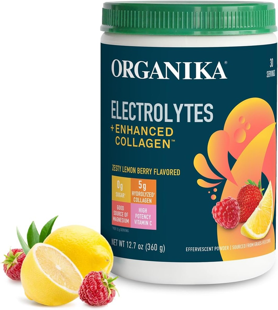 Organiká 带有女性和男性强化凝胶粉的电解剂 - 13 oz - Zesty Lemon Berry - Flaversent Effervescent Efferrolyte & Collagen Drinch Mix - 深水化,流动性,皮肤,毛发,和钉