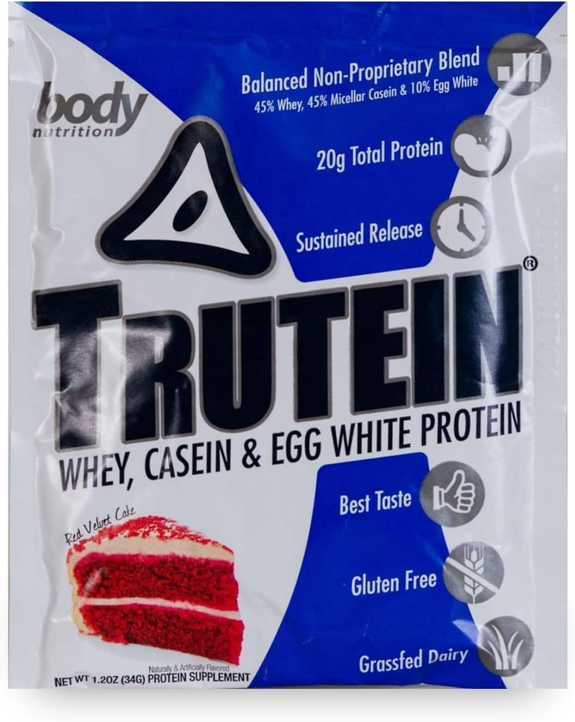 体营养 特鲁泰因高蛋白粉:45% Whey,45% Casein,10% Egg White,无胶,低钠,草药 Whey蛋白粉,Gym补充和早餐摇摆,红天鹅绒蛋糕,34g样本