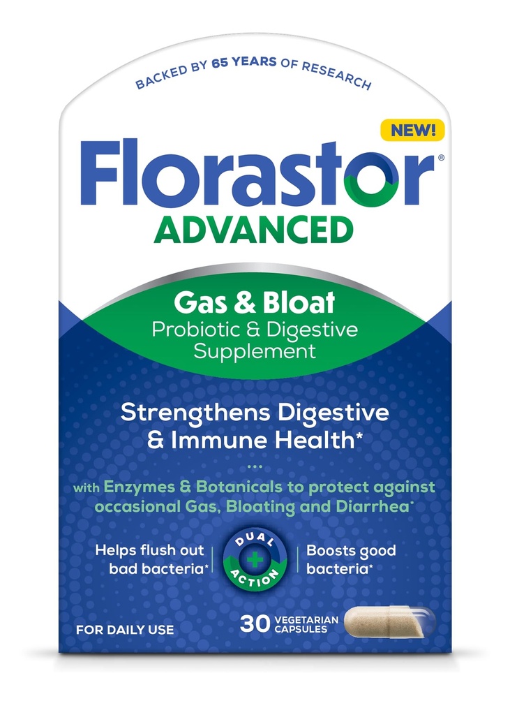Florastor Advanced Gas and Bloat Probiotic, 消化酶和植物学, Plus Probiotics for Digestive Health, 30 Capsules (消化酶和植物学)