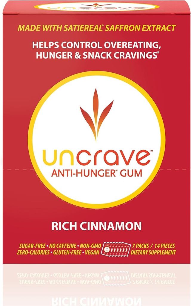 UNCRAVE Gum - 注入100%纯红花序提取器 – 控制刮片 - 改善Mood - 愿景健康 - 富含肉桂(14片)