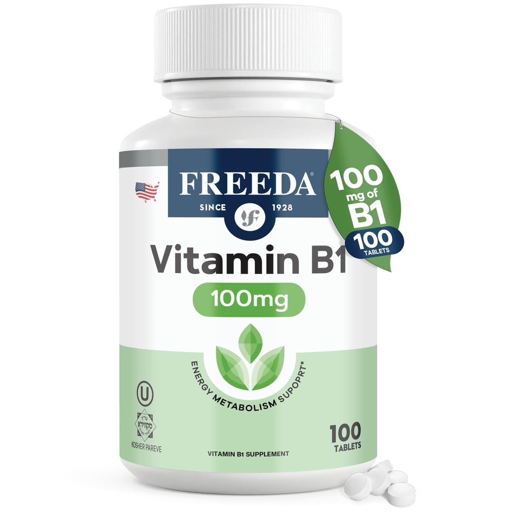 Freeda Vitamin B1 Thiamin 100mg - 支持能量代谢,神经系统健康 - Kosher, Vegan, Gluten Free - Thiamin HCl 100 mg Vitamin B 1 - 纯维特 B1 维生素 Thiamin B1 补充(100 Ct)