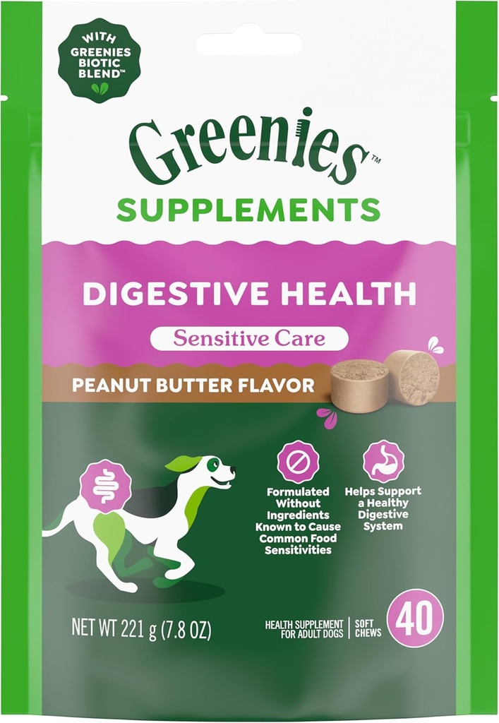 Greenies 敏感护理 消化健康狗 补充无鸡配方, 配有 狗的抗生素,花生酱 Flavor, 40 伯爵邮袋