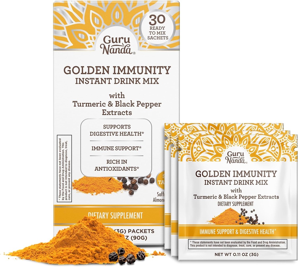 GuruNanda Golden豁免 与Turmeric & Black Pepper 混合饮品 - 富含抗氧化剂支持免疫系统与消化健康 - Saffron & Almond Flavored, On-The-Go Sachets(30 Counter)