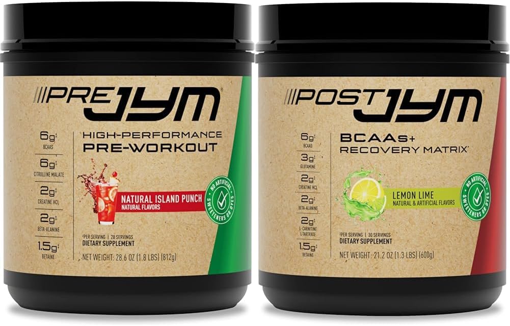 JYM Pre Workout, Post Workout, 和 BCAA 肌肉建筑辅助箱 配有 Pre JYM 粉末, Post JYM Active Matrix, 30 services each
