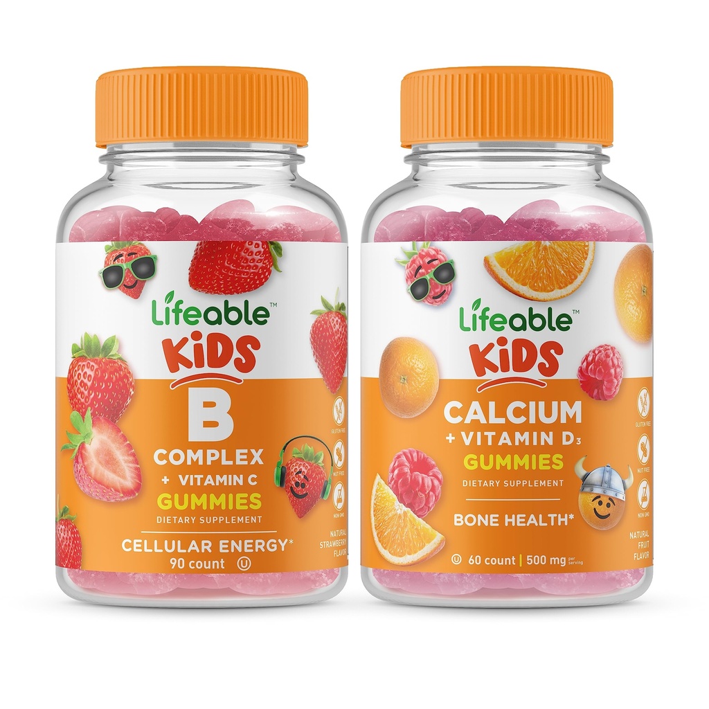 生活B 复合型儿童 + 含维生素D 儿童的钙, Gummys Bundle - 大品尝, 维生素补充, Gluten Free, GMO Free, Chewable Gummy