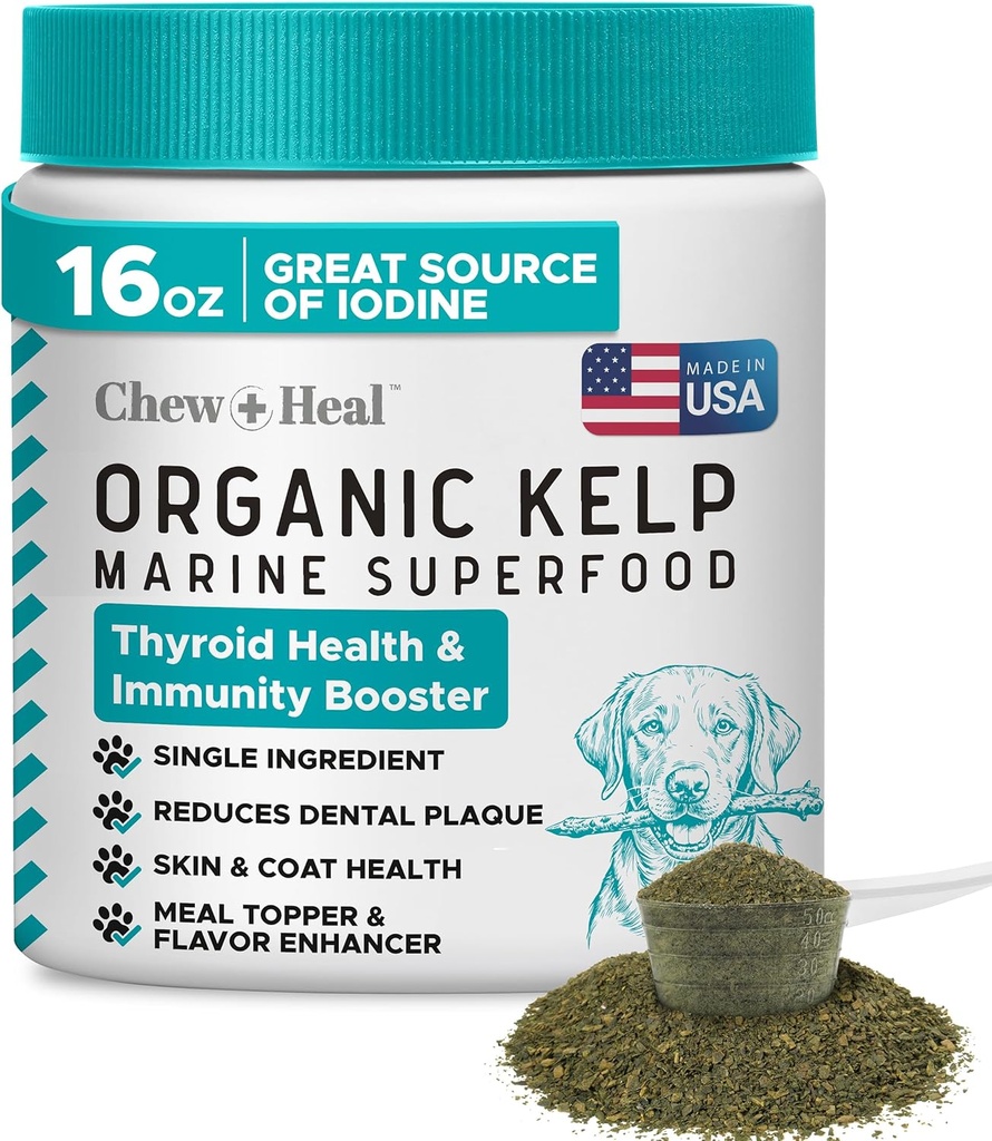 对狗的凯尔普补充剂 - 16 oz of Kelp Powder Granules with 5cc Spoon - 有利于健康的甲状腺功能,减少牙科血浆和皮肤健康 - 在美国制造
