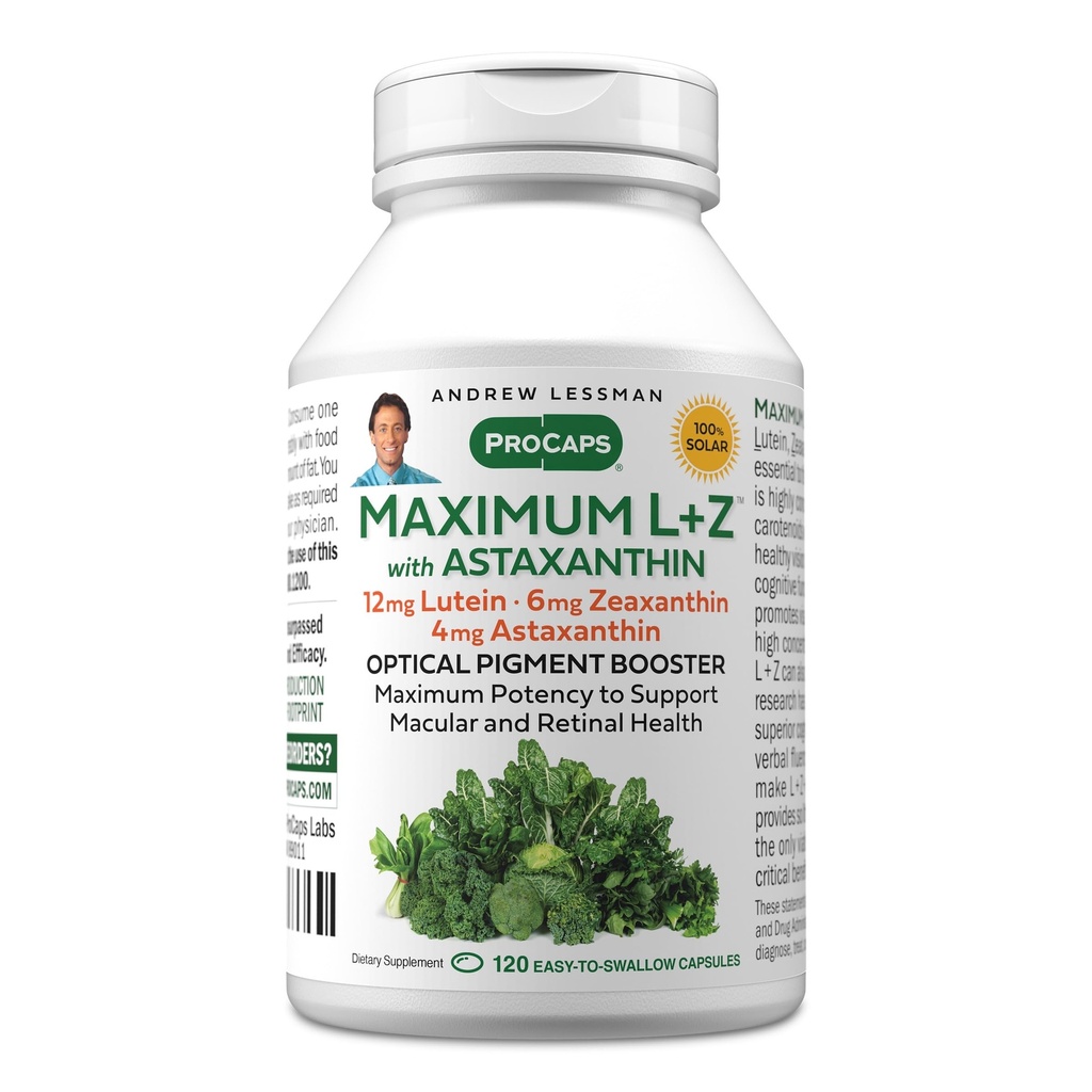 AndreW Lessman 最大L+Z 配有 Astaxanthin 120 软胶 - 12 mg Lutein, 6 mg Zeaxanthin, 4 mg Astaxanthin. 支持眼和脑健康以及促进健康愿景的关键营养剂。