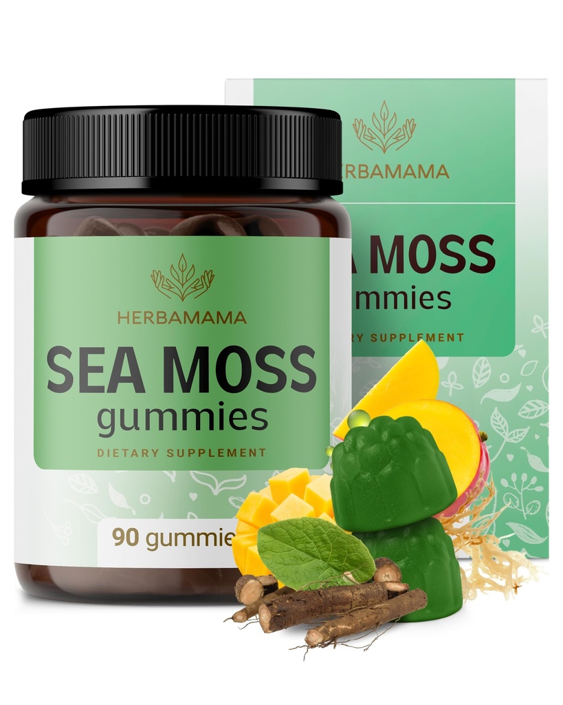 HERBAMAMA 爱尔兰海 Moss Gummys - 1600mg True Sea Moss 配有 Bladderwrack 和 Burdock root - Vegan, N-GMO Skin Glow, Energy & Immune 支持 - 90 Pectin 基于 Mango - Flavorished Chews 的真海Moss 补充品 - 维加恩, N-GMO Skin Glow, Energy & Immune Supports - 90 Pectin 曼戈 - 口味菜