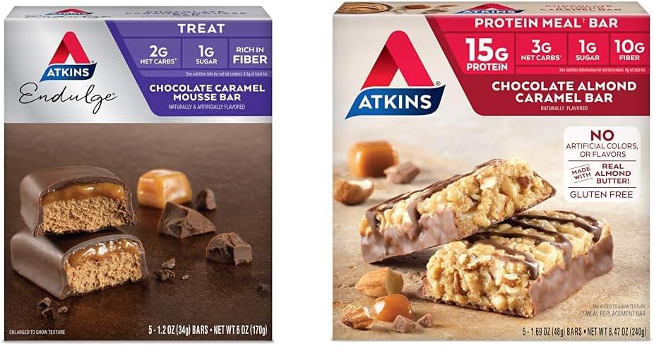Atkins Endulge Chocolate Caramel Mousse Bar, Dessert Favorite, 1g Sugar, High in Fiber, 5 Count & Chocolate Almond Caramel Bar, Keto-Friendly, Gluten Free with Real Almond Butter, 5 Count (Pack of 1)