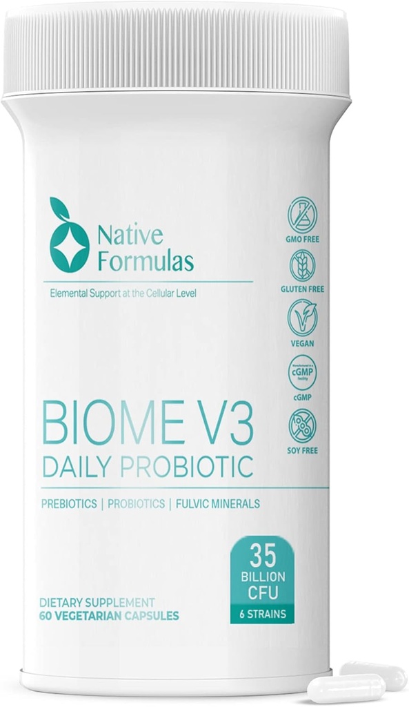 原生配方V3 Probiotic, Prebiotic, & Fulvic 矿物补充剂 - 35亿 CPU - 6 Strains - 60 Vegan Capsules - 妇女和男子 - FODMAP 友好 - 支持消化、免疫和古特健康