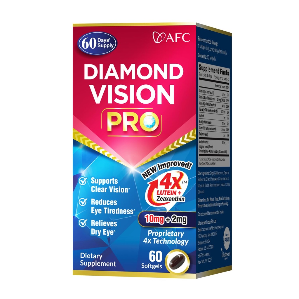 AFC Japan Diamond Visions PRO – 改进型,升级型公式 – Lutein & Zeaxanthin 4X 配眼维生素 – 成人视觉健康补充,屏幕曝光,夜间使用,60软胶