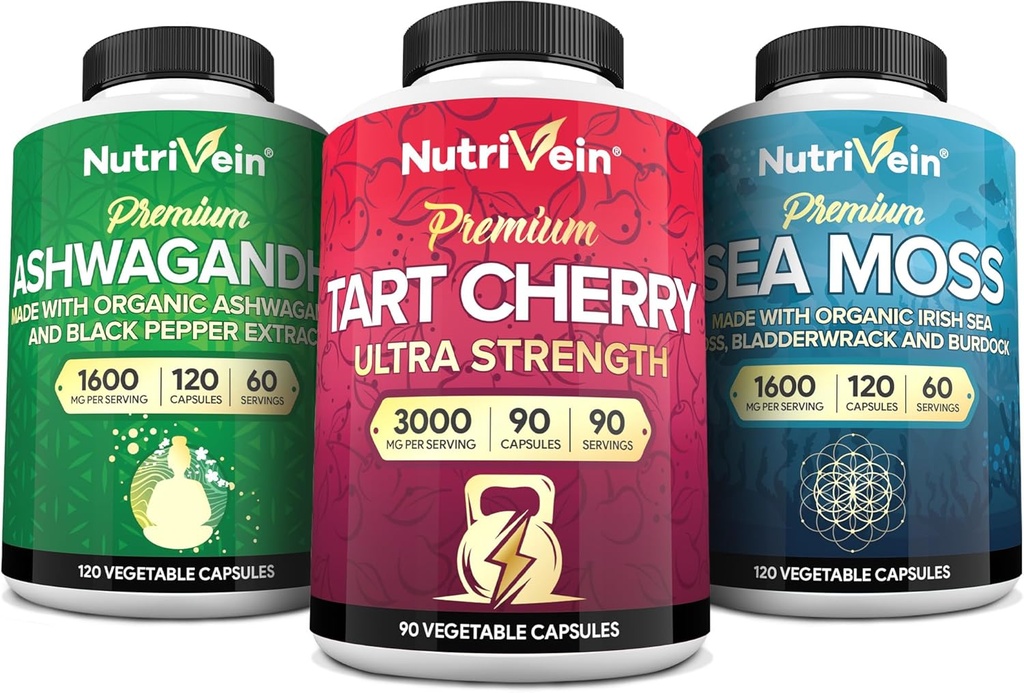 营养素 爱尔兰海 Moss Capsules, Ashwagandha, 和 Tart Cherry Capsules Bundle: Sea Moss, Tart Cherry 补编, & Ashwagandha 补编 支持消化健康与日常营养