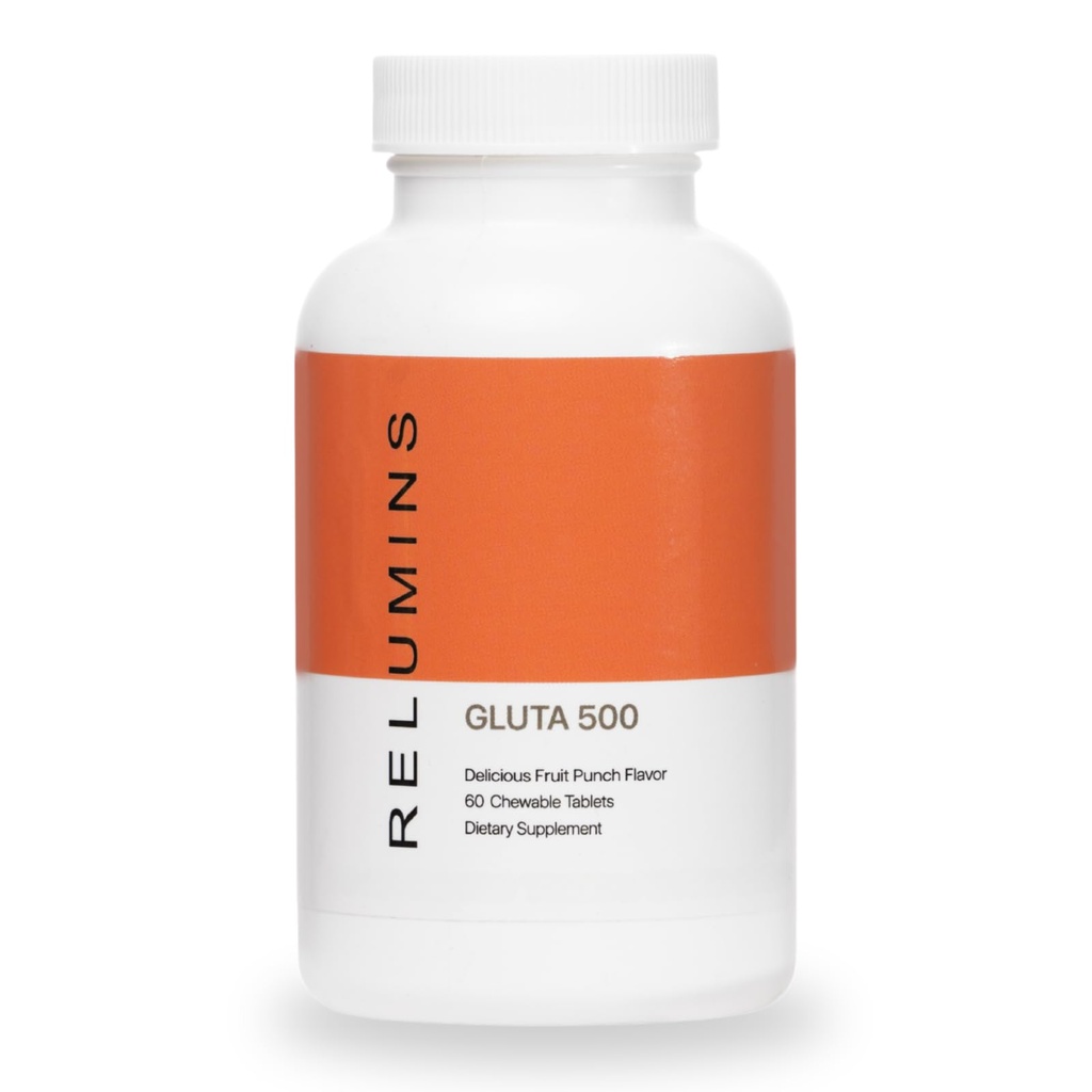 Relumins Gluta 500 Chewable Tablets with Glutathione, Hyaluronic Acid, Vitamin C, Biotin & Collagen – Supports Skin Tone & Glow – Fruit Punch Flavor – for a Summer Glow Skin – 60 Tablets
