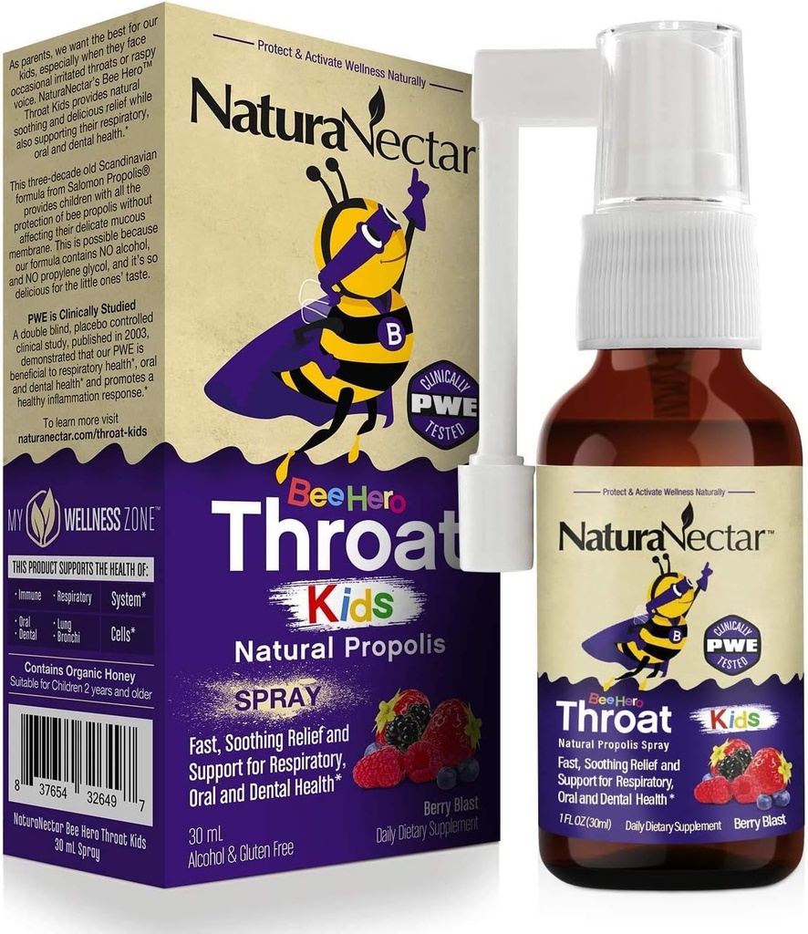 NaturaNectar - BeeHero 巴西蜜蜂Propolis喉管喷洒 - 儿童喉管救济 - 用于舒适和保护 - 独家莓爆裂火焰(1包,1Fl Oz)