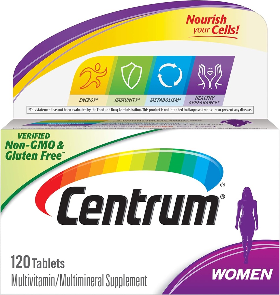 Centrum 妇女多维他命片,多维他命/多矿补充铁,维生素D3,维生素B和抗氧化维生素C和E,Gluten Free,非GMO 成份 - 120个计数