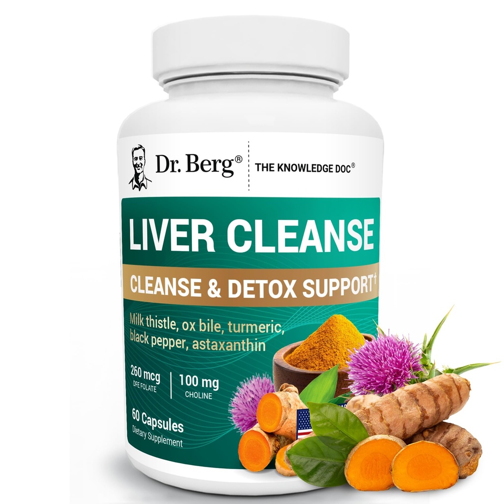 Berg Liver Cleanse Detox Capsules w/ 独家混合牛奶 硝酸盐、Ox Bile & Folate - Liver 补充剂包括Turmeric, Black Pepper & Choline - 60 Capsules