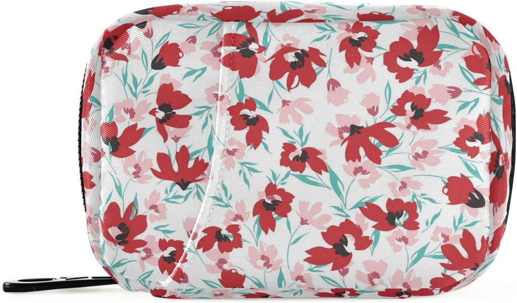 Red Pink Floral Flowers Pill Box 7 Day Pill Case Bag Travel Pill Organizer Bag with Zipper Portable Weekly Case Compact Size for Vitamin Supplement Holder